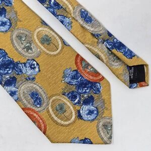 JAEGER MADE IN ITALY SILK TIE YELLOW BLUE FLORAL STILL LIFE JACQUARD 3.75" X 58"
